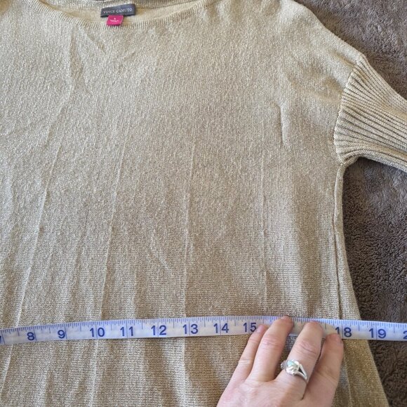 Vince Camuto Gold Metallic Lurex Sweater Women Sz S Ribbed Bell Sleeve Boat Neck - Picture 14 of 15